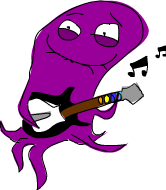 A cartoon octopus playing Guitar Hero.